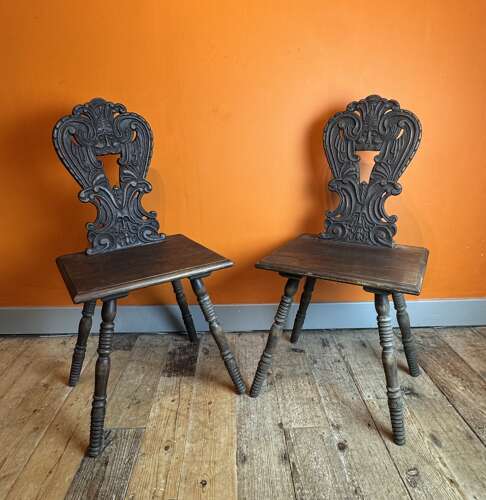 Pair of Antique Swiss Alpine Escabelle Chairs