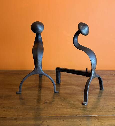 Pair of Arts & Crafts Wrought-Iron Fire Dogs