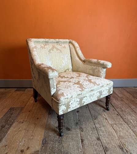 Antique Square Back Occasional Chair with Gold Damask Upholstery