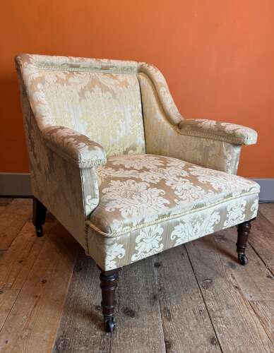 Antique Square Back Occasional Chair with Gold Damask Upholstery