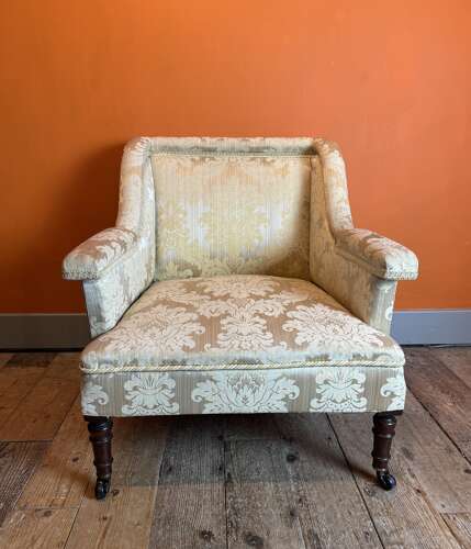 Antique Square Back Occasional Chair with Gold Damask Upholstery