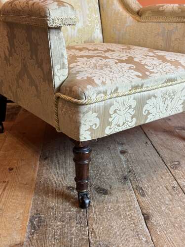 Antique Square Back Occasional Chair with Gold Damask Upholstery