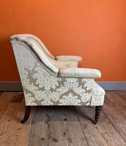 Antique Square Back Occasional Chair with Gold Damask Upholstery