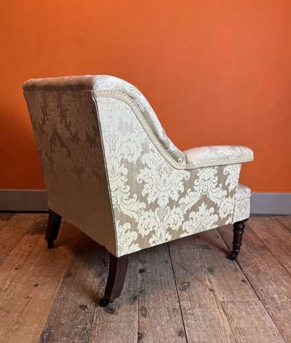 Antique Square Back Occasional Chair with Gold Damask Upholstery
