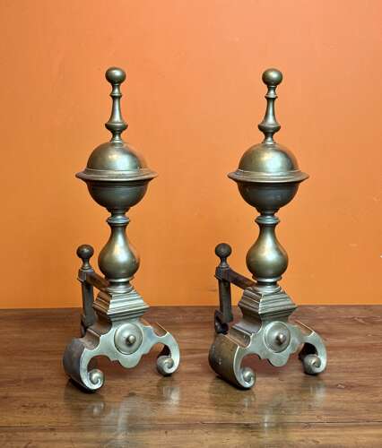 Large Pair of Victorian Brass Andirons in 17th Century Style
