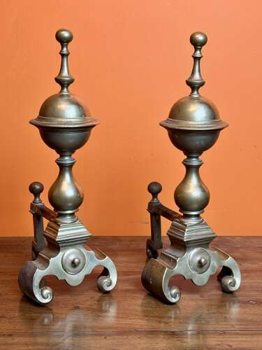 Large Pair of Victorian Brass Andirons in 17th Century Style