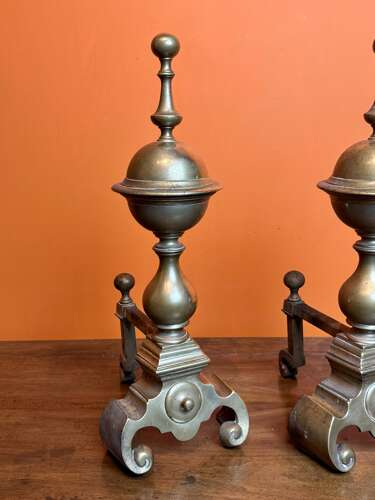 Large Pair of Victorian Brass Andirons in 17th Century Style