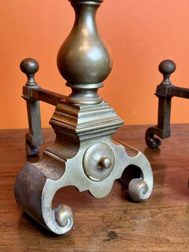 Large Pair of Victorian Brass Andirons in 17th Century Style