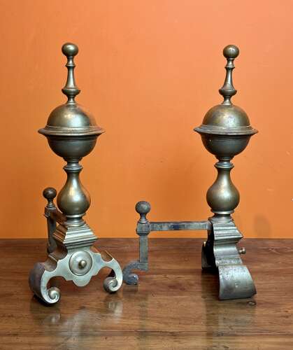 Large Pair of Victorian Brass Andirons in 17th Century Style