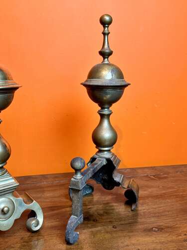 Large Pair of Victorian Brass Andirons in 17th Century Style
