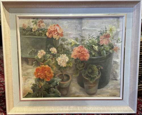 Joan Lapworth, Oil on Board of Potted Geraniums