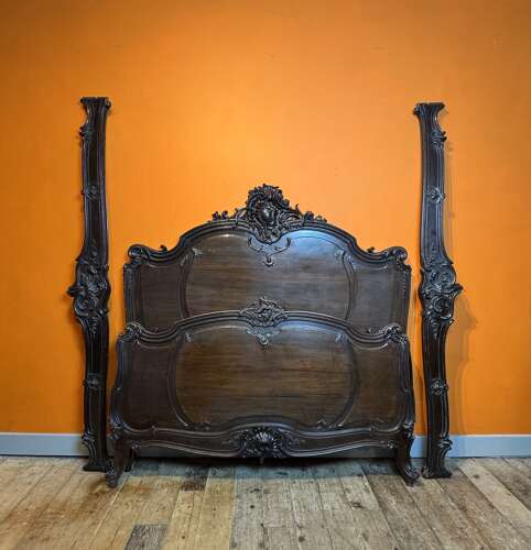Antique French Carved Walnut Double Bed in Louis XV Style