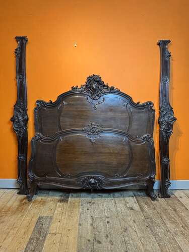 Antique French Carved Walnut Double Bed in Louis XV Style