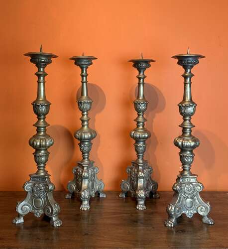 Set of Four French Ecclesiastical Brass Pricket Candlesticks