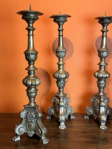 Set of Four French Ecclesiastical Brass Pricket Candlesticks