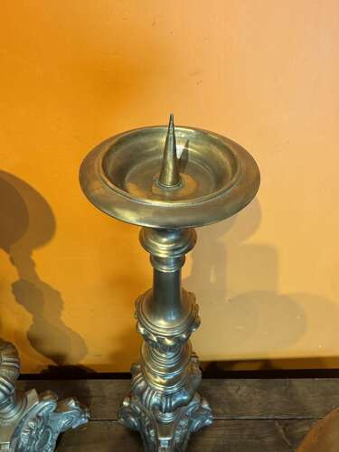 Set of Four French Ecclesiastical Brass Pricket Candlesticks