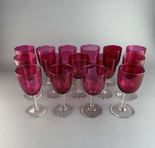 Set of Fifteen Victorian Cranberry Wine Glasses