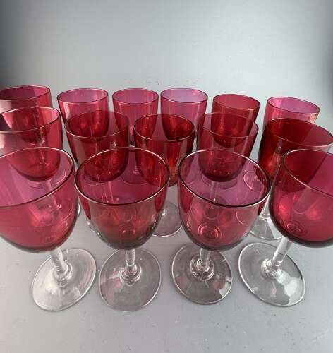 Set of Fifteen Victorian Cranberry Wine Glasses