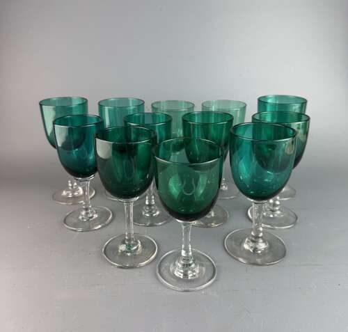 Set of Twelve Victorian Green Glass Wine Glasses