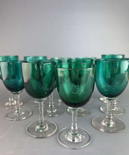 Set of Twelve Victorian Green Glass Wine Glasses