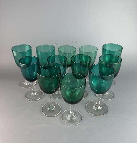 Set of Twelve Victorian Green Glass Wine Glasses