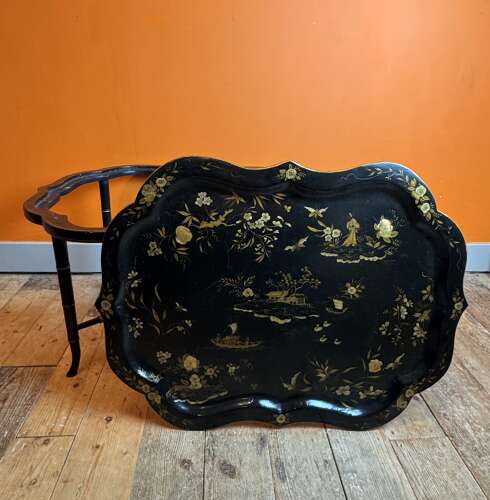 Victorian Papier Mache Tray on Stand with Chinoiserie Decoration
