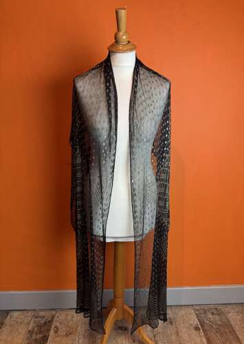 1920's Egyptian Assuit Shawl in Black & Silver with Geometric Motifs