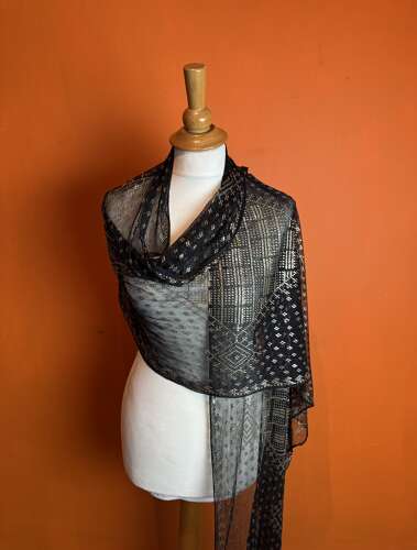 1920's Egyptian Assuit Shawl in Black & Silver with Geometric Motifs