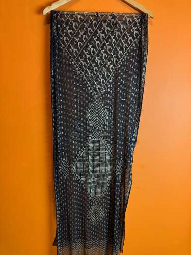 1920's Egyptian Assuit Shawl in Black & Silver with Geometric Motifs