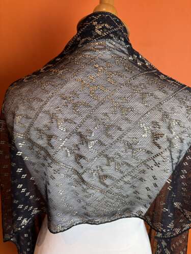 1920's Egyptian Assuit Shawl in Black & Silver with Geometric Motifs