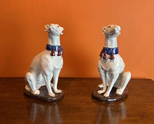 Large Pair of Italian Majolica Glazed Pottery Greyhounds