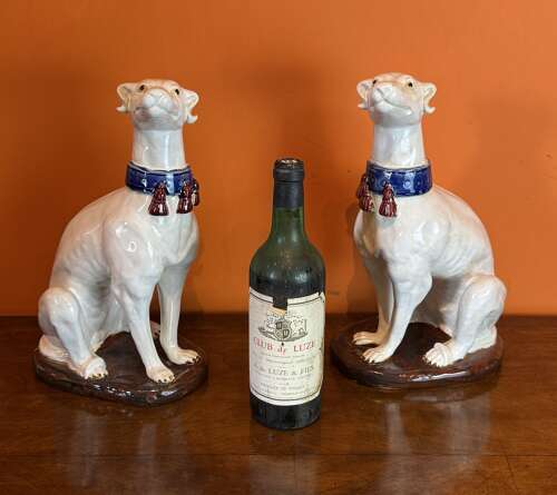 Large Pair of Italian Majolica Glazed Pottery Greyhounds