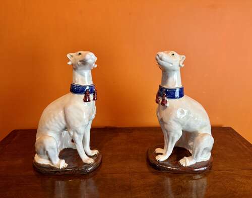 Large Pair of Italian Majolica Glazed Pottery Greyhounds
