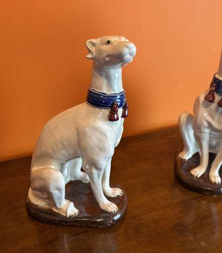 Large Pair of Italian Majolica Glazed Pottery Greyhounds