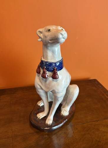 Large Pair of Italian Majolica Glazed Pottery Greyhounds