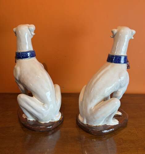 Large Pair of Italian Majolica Glazed Pottery Greyhounds