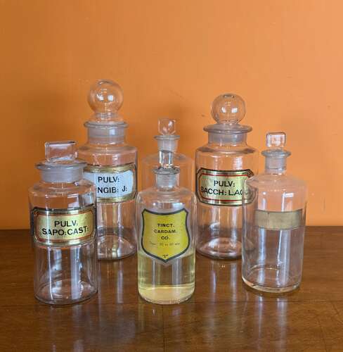 Five Antique Glass Pharmacy / Chemist Bottles
