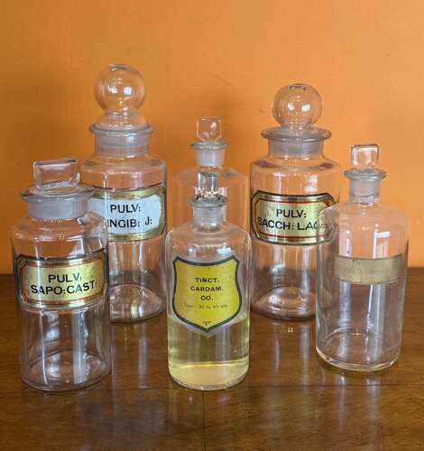 Five Antique Glass Pharmacy / Chemist Bottles