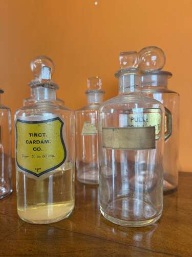 Five Antique Glass Pharmacy / Chemist Bottles