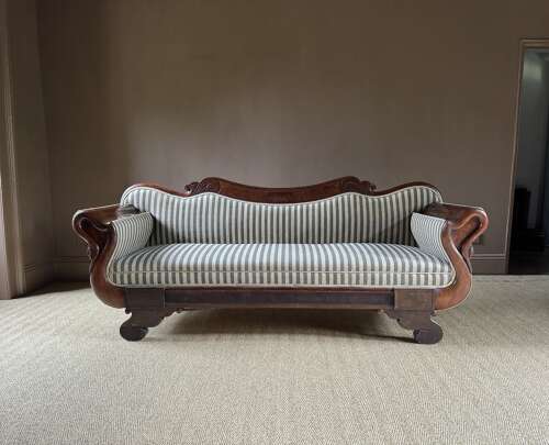 French Charles X Mahogany Sofa with Swan Neck Arms circa 1820