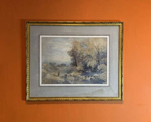 Manner of David Cox, Watercolour of Figures in an Autumnal River Landscape circa 1850