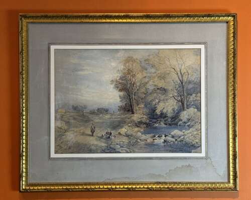 Manner of David Cox, Watercolour of Figures in an Autumnal River Landscape circa 1850