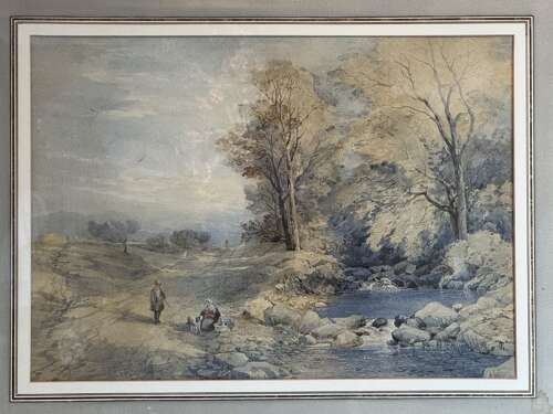 Manner of David Cox, Watercolour of Figures in an Autumnal River Landscape circa 1850