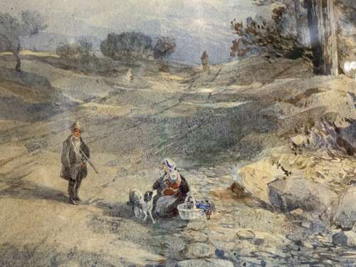 Manner of David Cox, Watercolour of Figures in an Autumnal River Landscape circa 1850