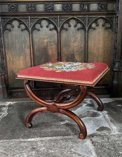 Victorian Walnut X Frame Stool with Beadwork Seat