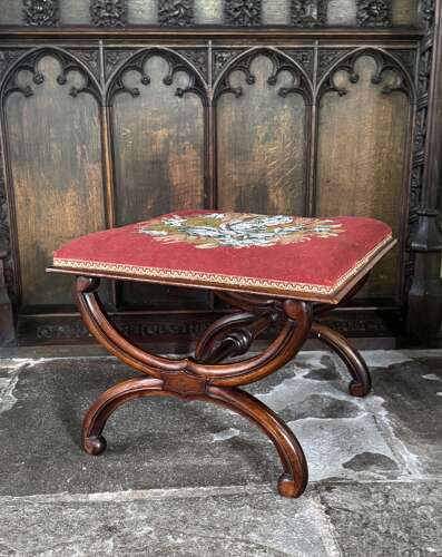 Victorian Walnut X Frame Stool with Beadwork Seat