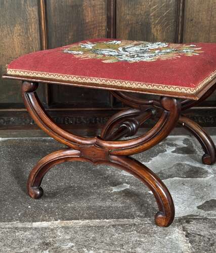 Victorian Walnut X Frame Stool with Beadwork Seat