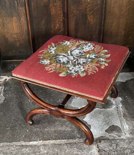Victorian Walnut X Frame Stool with Beadwork Seat