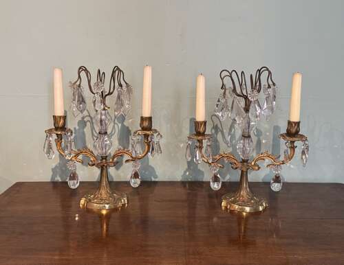 Pair of French Gilt Brass Candlestick Lustres