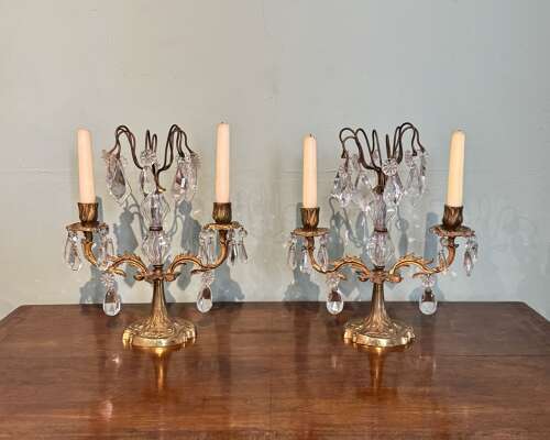 Pair of French Gilt Brass Candlestick Lustres